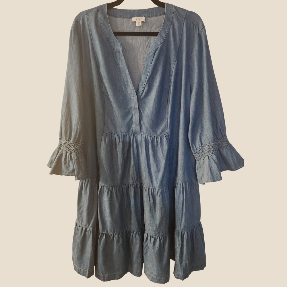 Crown & Ivy Chambray Tiered Babydoll Dress Size 2X Boho Cottagecore Western